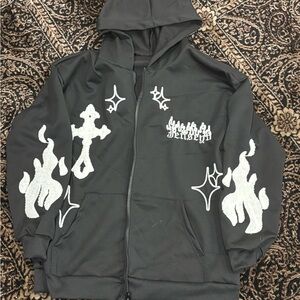 Black Hoodie with White Flame and Cross Design